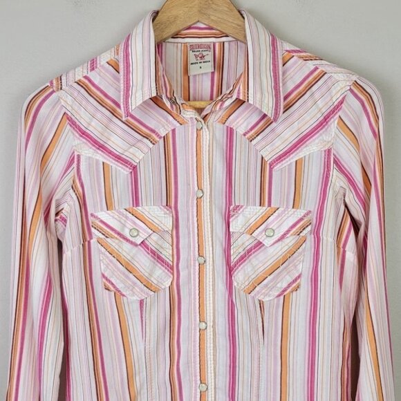 TRUE religion snap pearl button down shirt stripes pink orange western S - Picture 2 of 12